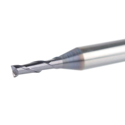 Five Pack 2 Flute Flat Nose Carbide End Mills Kit Pro Grade by SpeTool, 1/16 Inch Cutting Diameter, 1/8 Inch Shank, close-up view