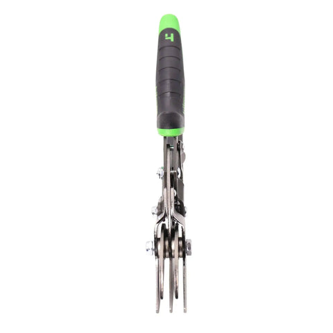 Front view of 5 Blade Crimper for Sealing Round Metal Pipe with Rugged High Carbon Steel Blades and Chrome Silicon Spring handle.