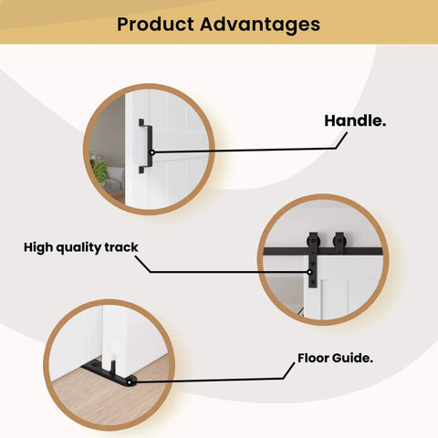 30 By 84 Inch Bypass Barn Door With Five Foot Track Hardware Kit Included H Shape Solid Core MDF Door With Waterproof PVC Surface showing handle, high quality track, and floor guide features.