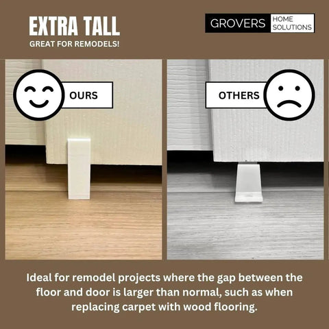 Comparison of 5 Pack Universal Adjustable Height Sliding Closet Door Floor Guide Bracket showing ours vs others, highlighting height difference.