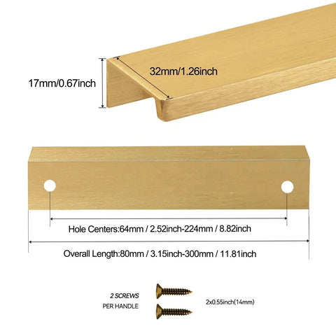 Dimensions and components of Brushed Gold Aluminum Alloy Concealed Drawer Pulls 2 Pack For Cabinets And Doors, 80mm Flat Finger Pull.