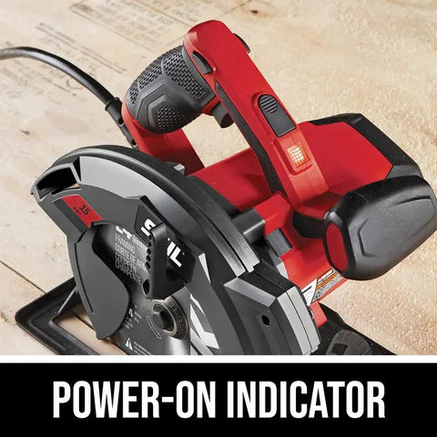Powerful 15 Amp 7.25 Inch Circular Saw With Single Beam Laser Guide for fast precise cuts, showing power-on indicator light.