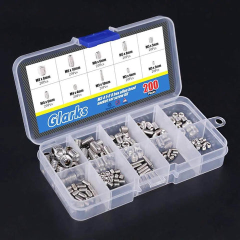 200 Piece M3 M4 M5 M6 M8 Hex Allen Head Socket Set Screw Assortment Kit Made Of 304 Stainless Steel with Plastic Box
