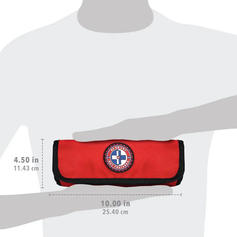 Ready To Go 73 Piece Coaches And Team Sports First Aid Kit In Roll Up Bag shown in person's hands for size comparison