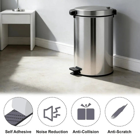 Six Pack Adhesive Wall Guard Bumpers For Trash Cans Round And Square Grey installed on a steel trash can by the wall.