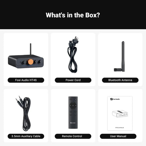 Image showing contents of Bluetooth Amplifier For Outdoor Speakers With Built In DAC And Four Channel Power Amp package, including antenna, cords, and manual.