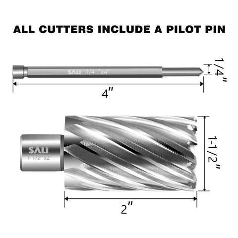 Durable Annular Cutter SALI One And A Half Inch Diameter With Weldon Shank Three Quarter Inch For Magnetic Drill Press Cutting Depth Two Inch HSS M30AL High Speed Steel Fully Ground With Pilot Pin One Quarter Inch By Four Inch, shown with measurements