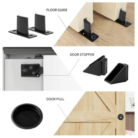 72 Inch Ceiling Mount Bypass Sliding Door Hardware Rail Kit Black Aluminum Alloy For Wood Doors Easy Do It Yourself Installation With Durable Rail System Suitable For Various Wood Door Styles No Door Included showing floor guide, door stopper, and door pull.