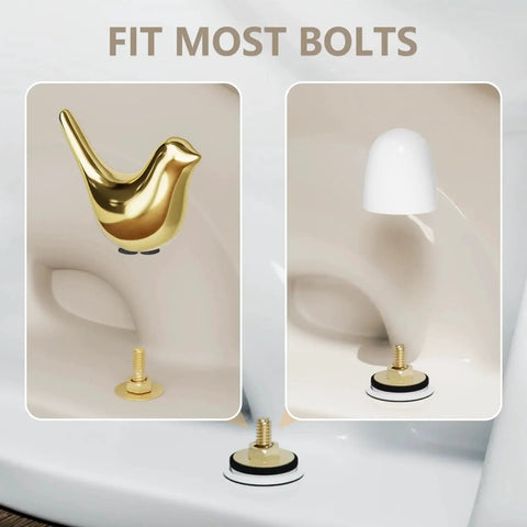 Set Of 2 Ceramic Birds Toilet Bolt Caps And 4 Universal Toilet Bolt Covers For Bathroom Decor, gloss grey and white caps displayed