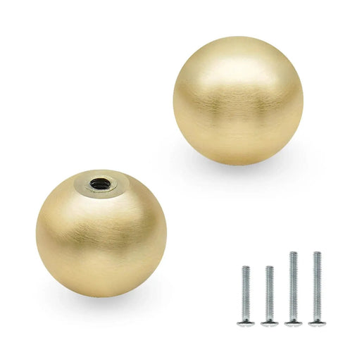 10 Pack Brushed Gold Ball Cabinet Knobs 1 Inch Diameter Zinc Alloy Drawer Pulls For Kitchen Cupboards, Dresser And Bathroom Furniture Hardware, Includes 2 Screw Sizes 1 Inch And 1.5 Inch, showing two knobs and screws.