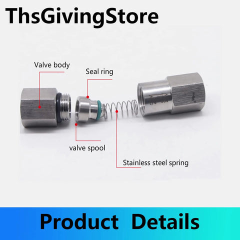 4-piece stainless steel check valve assembly for G female thread; shows valve body, seal ring, valve spool, and spring