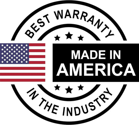 Seal with American flag stating 'Best Warranty in the Industry' and 'Made in America'
