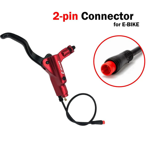 Red aluminum hydraulic brake lever for e-bike, front view, with 2-pin connector and attached cable