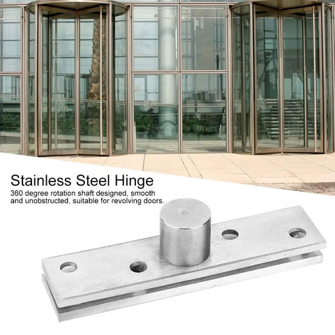 Image of a 360 Degree Concealed Pivot Hinges Set Stainless Steel, featuring a 3.9 inch center shaft, displayed in front of an office building.