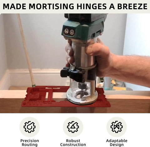 Upgraded Door Jamb Hinge Jig Fits Eight Size Range 2.5-6 In And Five Door Thickness 1.375-2.5 In shown with router on red jig.