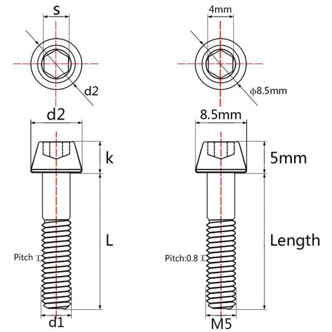 Technical diagram of Titanium M5x40mm Screws Pack Of 4 For DIN 912 Tapered Head Bolts in Black 6Al4V Grade 5 Titanium Alloy.