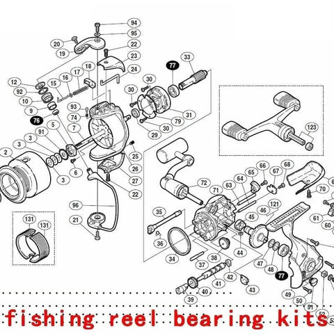 Exploded diagram of 3 Pcs Fishing Reel Bearing Kit For Shimano Ultegra 2500 ARB Arm Rollers Deep Groove Ball Bearings 76x1 and 77x2