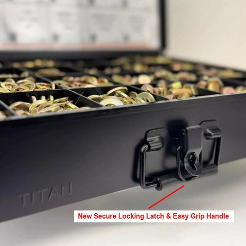 Beefy Grade 8 Coarse Thread Bolt And Nut Drawer Kit With 1275 Pieces In Yellow Zinc shown with black metal drawer and locking latch