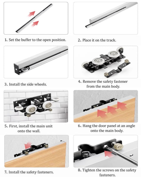 Installation guide for Sleek Mirror Sliding Barn Door with Hidden Aluminum Track Hardware, showing step-by-step process.