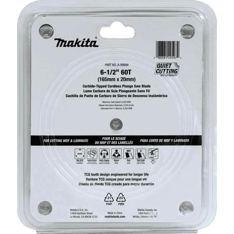 Packaging of Six And One Half Inch 60-Tooth TCG Carbide Tipped Cordless Plunge Saw Blade A-99998, showing blade details.