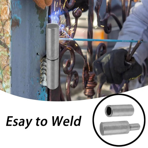 4 Pack Beefy Weldable Barrel Hinges For Trailer Doors 3 Inch By 0.75 Inch Heavy Duty Steel shown being welded to a gate