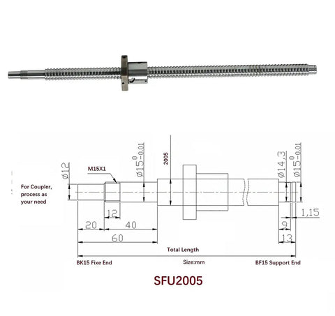 Diagram of 20mm CNC Ball Screw Kit SFU2005 RM2005 Anti Backlash Ball Screw 1500mm with nut and dimensions