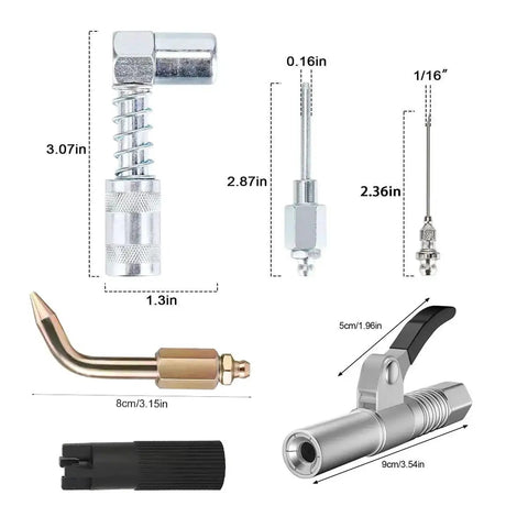 All In One Pro Grade Grease Gun Fittings Kit with 90 Degree Coupler, needle nozzles, and tips for automotive and industrial use
