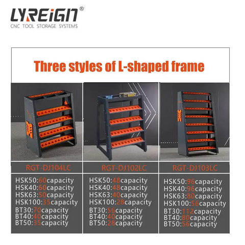 Three styles of CNC tool carts with L-shaped frames, showcasing storage capacity for HSK50-63 and BT30-50 tool holders, by LYREIGN.