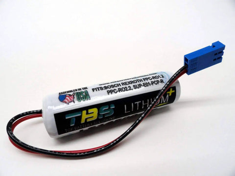 Close-up of Pack of 2 3.6V 2700mAh LS14500-RR Lithium PLC Memory Batteries, industrial controller backup with wire leads and connector.