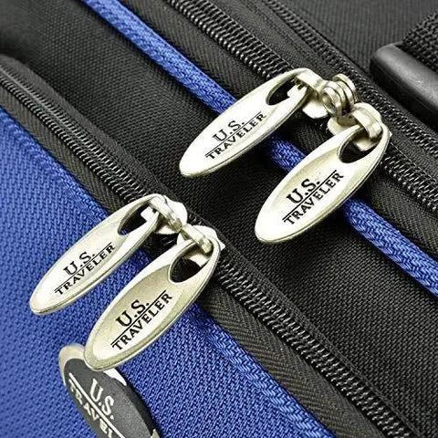 Close-up of zippers on New Yorker Lightweight Expandable Rolling Luggage Set By U S Traveler, blue with durable tear-resistant fabric.