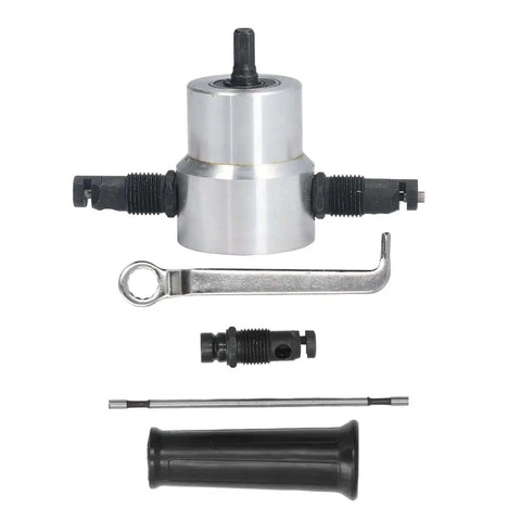Heavy Duty Pro Grade Double Head Sheet Metal Nibbler Drill Attachment Kit with accessories displayed.