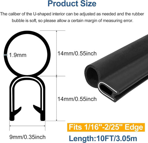 Dimensions and cross-section of the 10 Ft Car Door Weather Stripping Rubber Seal Strip With Top Bulb For Cars Trucks RVs Boats Buses Camper And Home Applications Easy Install U Shape PVC Trim With Grippy Internal Metal Clips And Durable EPDM Rubber Seal