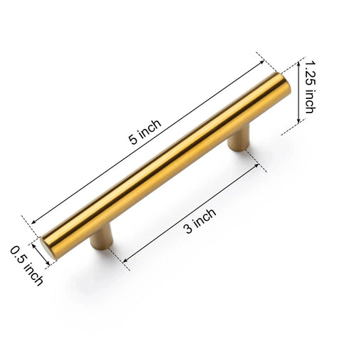 Gold cabinet pull with dimensions, illustrating the 5 inch length and 3 inch center-to-center spacing.
