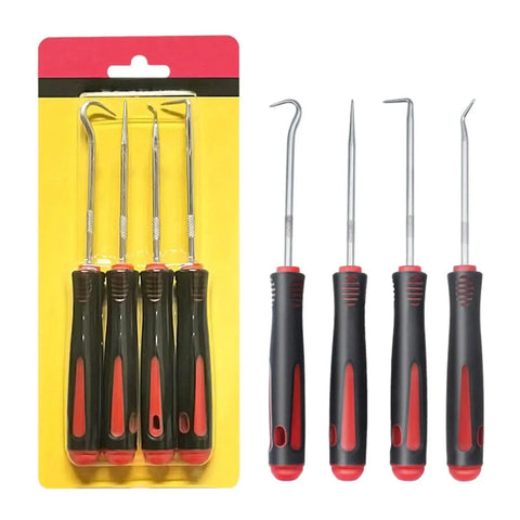 4 Piece Automotive Pick Tool Set for Oil Seal and Gasket Removal with Non Slip Grips, displayed in packaging and standalone view.