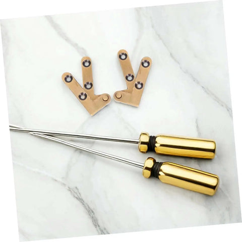 Heavy Duty Invisible Pivot Hinges For Wood Doors Slick Concealed Self-Closing Bronze Finish with screwdrivers displayed on marble