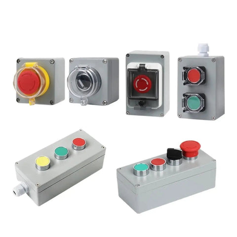 Industrial 1P Push Button Control Box Explosion Proof Waterproof Junction for Harsh Environments Heavy Duty ABS And Metal Construction Oil And High Temperature Resistant Corrosion Proof Emergency Start Reset Durable SCHIK, showing a range of designs with red, green, and yellow buttons