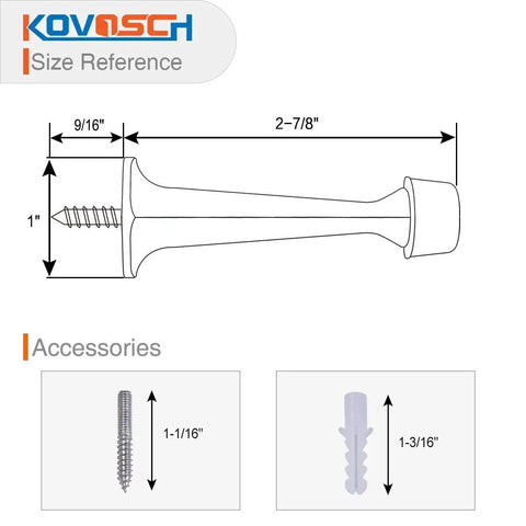 2 Pack Solid Rigid Door Stops With Soft Rubber Tips Wall Protector Satin Nickel size diagram with dimensions and screws.