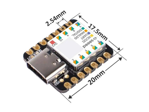 XIAO SAMD21 Microcontroller With Dope Interfaces For Arduino Compatible Projects Smallest MCU, showcasing dimensions and USB-C port.