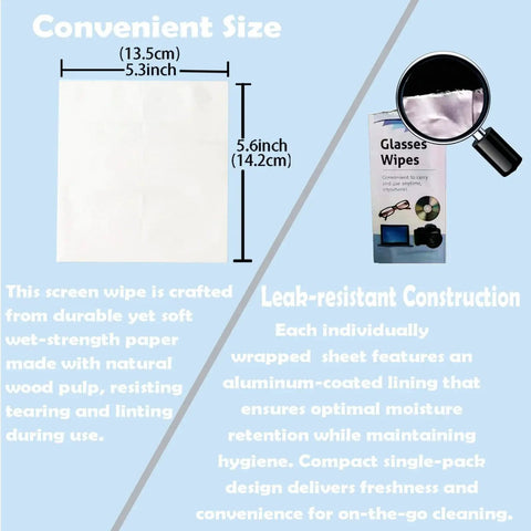 Diagram showing convenient size and leak-resistant construction of streak-free lens wipes for glasses, phones, and cameras.
