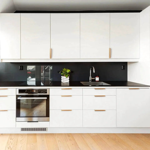 Modern kitchen with Five Pack Adhesive Edge Pulls For Cabinets No Drill Hidden Drawer Handles Flat Stick On Brushed Gold Finish