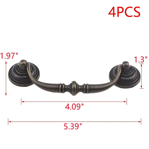 Antique Bronze Drop Swing Cabinet Pulls 4 Pack 4.09 Inch Bail Drawer Handles Zinc Alloy Rustproof with dimensions shown