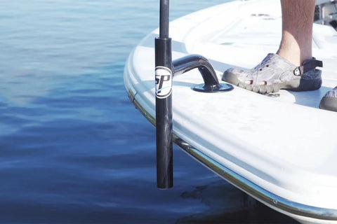 Heavy-Duty Bow Mount Anchor For Shallow Water Deployment, Marine-Grade Aluminum Deck Mount With Black Powder Coat installed on boat