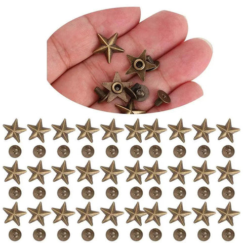 Close-up of Star Rivet Set 50 Set Zinc Alloy 14mm Screws For DIY Clothing Shoes Purses, showing star-shaped rivets and screws.