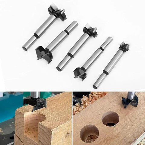 Five Piece 15 To 35mm Woodworking Self Centering Drill Bits Set for Hinges, shown with drilled wood samples.