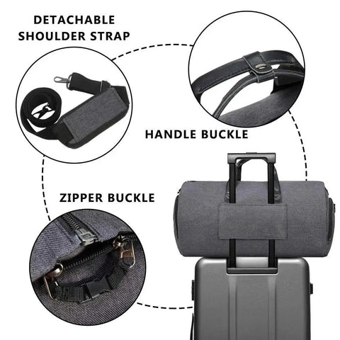 Details of 2 In 1 Convertible Garment Bag And Duffel For Travel With Shoulder Strap Modoker Carry On, showcasing buckles and straps on luggage.