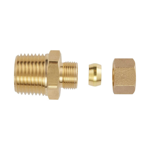 Brass compression straight tube fitting for 3/8 in OD to 1/2 in NPT male, 2-pack; disassembled with nut and ferrule