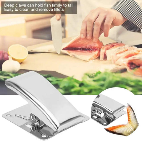 Six Piece Fish Fillet Clamps Set In Stainless Steel With Built In Spring Deep Claw Tail Grips in use on fish fillets