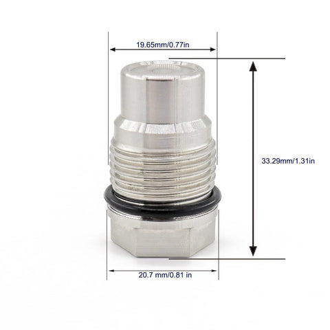 Diesel fuel rail plug valve, stainless steel, M20x1.5 with black O-ring, front view
