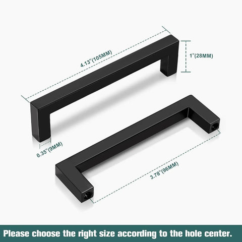 25 Pack Black Cabinet Handles Square Drawer Pulls 4 Inch Overall Length 96mm Hole Center 3-3/4 Inch Solid Zinc Alloy Kitchen Cabinet Pulls