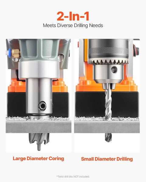 Portable Magnetic Drill Press With 1300W Copper Motor 810 RPM showing large and small diameter drilling applications on metal